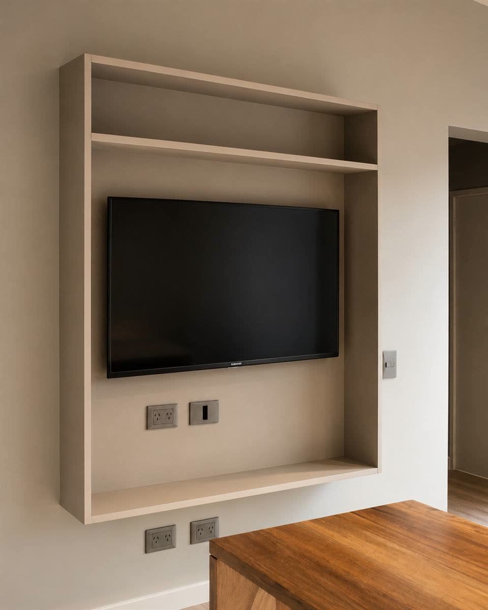 Mueble de living a medida con marco en lino y estantes, fabricado e instalado por ANZ en Buenos Aires